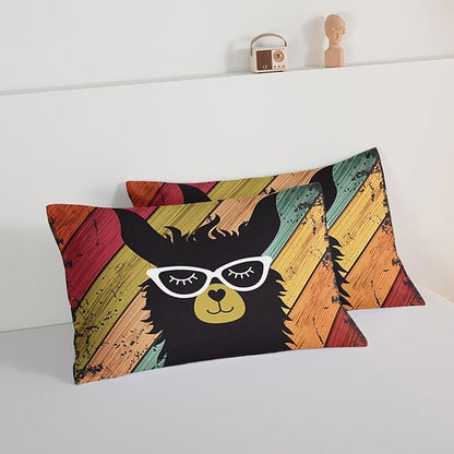 HOSIMA Llama Comforter with 2 Pillowcases Funny Room Decor,with Handsome Alpaca Pattern Vintage Colorful Wood Grain Bedding Set for Boys Girls Teens,Animal Bedding Queen Comforter Set.