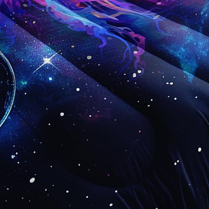 Glowing Jellyfish Comforter Set Full Size,Galaxy Space Planet Rocket Print Comforter Set for Kids Teens Boys Girls Room Decor,Universe Sea Creatures Bedding with 2 Pillowcases.
