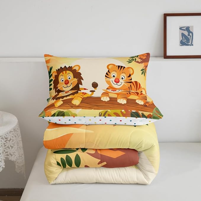 Lion Tiger Comforter Set Toddler Size for Kids Cartoon Wild Animal Bedding Sets All Season Nature Tropical Jungle Quilt Set Bedroom Decor Cute Wildlife Down Comforter,2Pcs