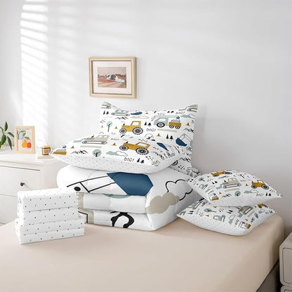 Feelyou Cartoon Car Kids Comforter Set with Sheets 7 Piece Queen Size Construction Bedding Set Boys Decor Equipment Trucks Bed in a Bag Excavator Tractor White Yellow Bed Set Bedroom
