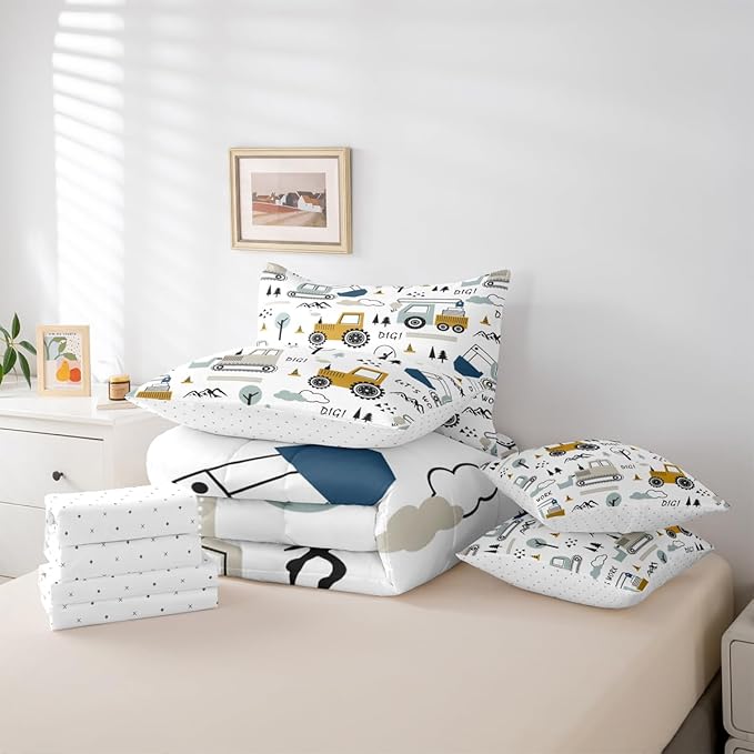 Feelyou Cartoon Car Kids Comforter Set with Sheets 7 Piece Full Size Construction Bedding Set Boys Decor Equipment Trucks Bed in a Bag Excavator Tractor White Yellow Bed Set Bedroom