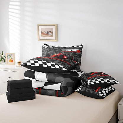 Feelyou Red Racing Car 7 Piece Bedding Set King Size Kids Boys Cartoon Race Car Comforter Set with Sheets for Teens Toddler Extreme Sports Bed in a Bag Camouflage Bed Set