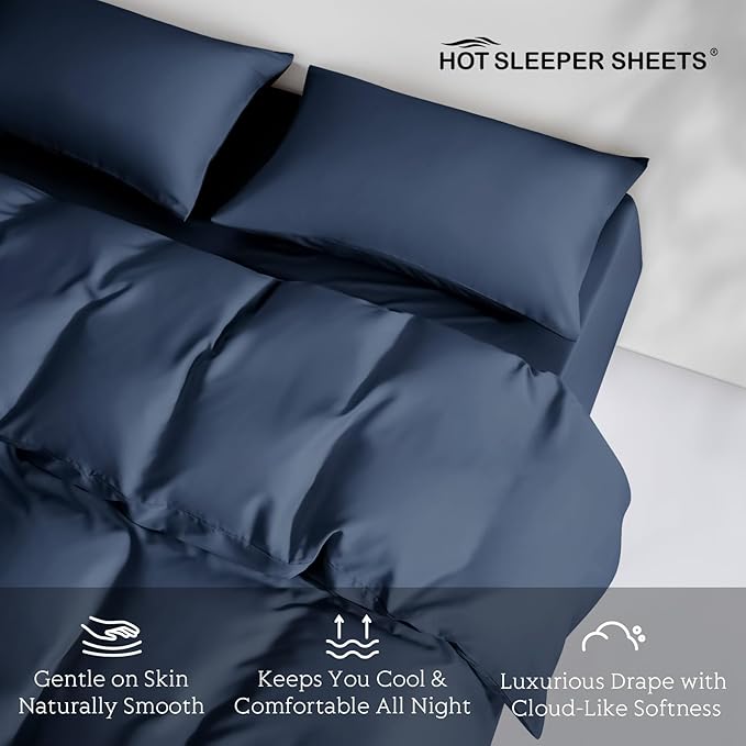 Tencel Duvet Cover Set, Full/Queen Size Cooling Duvet Cover for Hot Sleepers, 100% Eucalyptus Lyocell, 3 Pieces, 1 Zipper Closure Duvet Cover (90" x 90") and 2 Pillowcases (20" x 30") - Navy