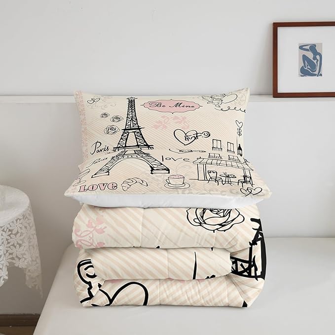 Feelyou Eiffel Tower Comforter Set Paris Tower Comforter for Girls Romantic Rose Chic Paris Theme Bedding Set Paris Cityscape Printed Heart Love Duvet Set Room Decor Quilt Set Full
