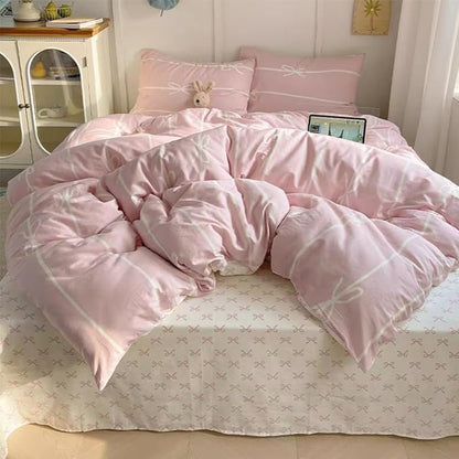 Striped Duvet Cover Queen Size Pink White Bow Stripes Bedding Set 3Pcs Kids Boys Girls Princess Style Kawaii Bowknot Comforter Cover with Zipper Closure & Corner Ties