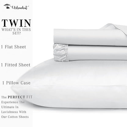 URBANHUT 100% Egyptian Cotton Sheets - 1000 Thread Count Twin White Sheet Set (3Pc), Long Staple Cotton Sheets, All Season Sateen Weave, Luxury Hotel Twin Bedsheets,16" Deep Pocket