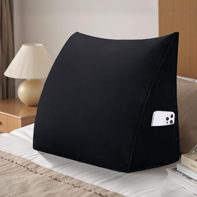 Wedge Headboard Reading Pillow for Bed Velvet Triangular Backrest Bolster Pillow for Sitting Up Daybed Cushion Lumbar Body Support Positioning for Headboard, Couch, Dorm, Black