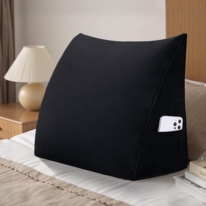 Wedge Headboard Reading Pillow for Bed Velvet Triangular Backrest Bolster Pillow for Sitting Up Daybed Cushion Lumbar Body Support Positioning for Headboard, Couch, Dorm, Black
