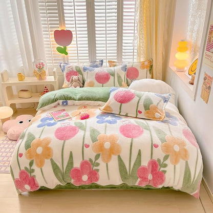 Floral Kids Duvet Cover Set Queen Cute Kawaii Bedding Set Avocado Green Snowflake Fluffy Comforter Cover Blanket Soft Reversible Duvet Cover Room Decor (Flowers,Queen)
