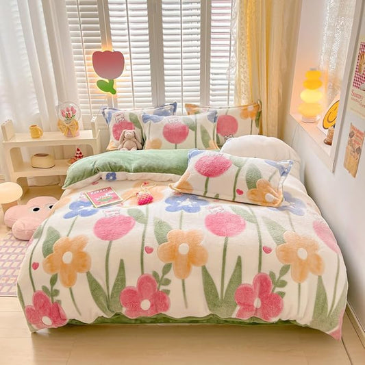 Floral Kids Duvet Cover Set Queen Cute Kawaii Bedding Set Avocado Green Snowflake Fluffy Comforter Cover Blanket Soft Reversible Duvet Cover Room Decor (Flowers,Queen)