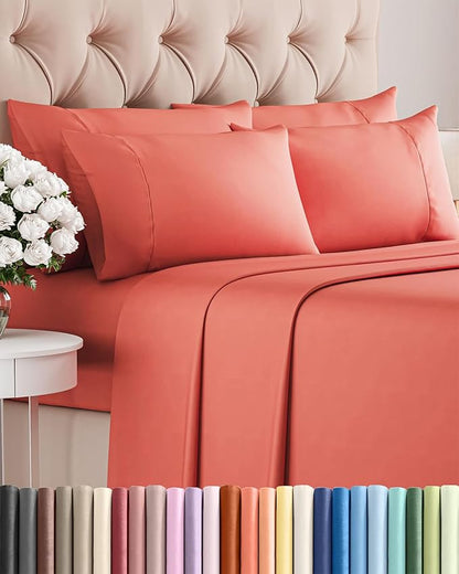 King Sheets Set 6 Piece - Includes 4 Pillowcases - Bed Sheets King Size - Soft Hotel Luxury Bedding - Cooling, Comfy, Fade Free & Breathable - 1 Flat & 1 Fitted & 4 Pillowcases w/ Deep Pockets - Coral