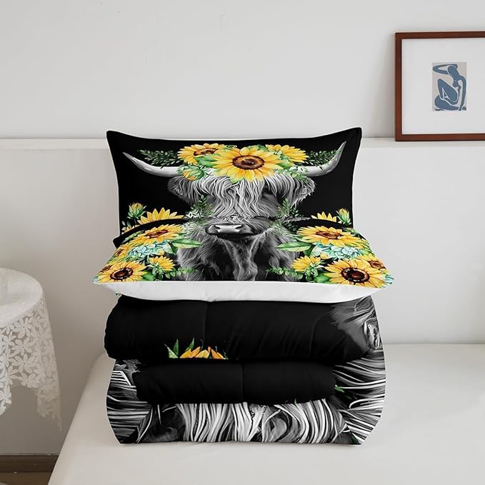 Feelyou Highland Cow Bedding Set Kids Sunflower Floral Western Cow Bull Comforter Set for Girls Teens Farmhouse Wildlife Animal Comforter Black Duvet Set Room Decor Quilt Set Toddler Size