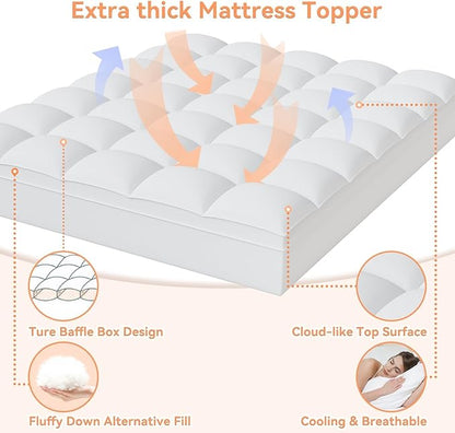 Topllen Queen Mattress Topper for Back Pain Relief, Extra Thick Pillow Top Plush Mattress Pad with Deep Pocket, Soft Pillowtop Queen Size Bed Toppers Filled Fluffy Down Alternative, White