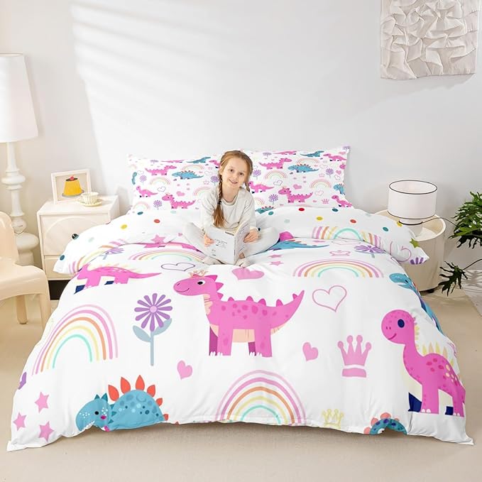 Kawaii Dino Duvet Cover Set Twin Size,Cute Rainbow Floral Love Heart Reversible Bedding Set Soft Bedroom Decor,Purple Blue Dinosaur Lovely Animal Polyester Quilt Cover (No Comforter), 2 Pcs