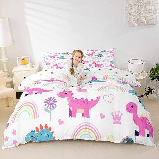Kawaii Dino Duvet Cover Set King Size,Cute Rainbow Floral Love Heart Reversible Quilt Cover with 2 Pillowcases,Purple Blue Dinosaur Lovely Animal Microfiber Comforter Cover (Not Comforter)