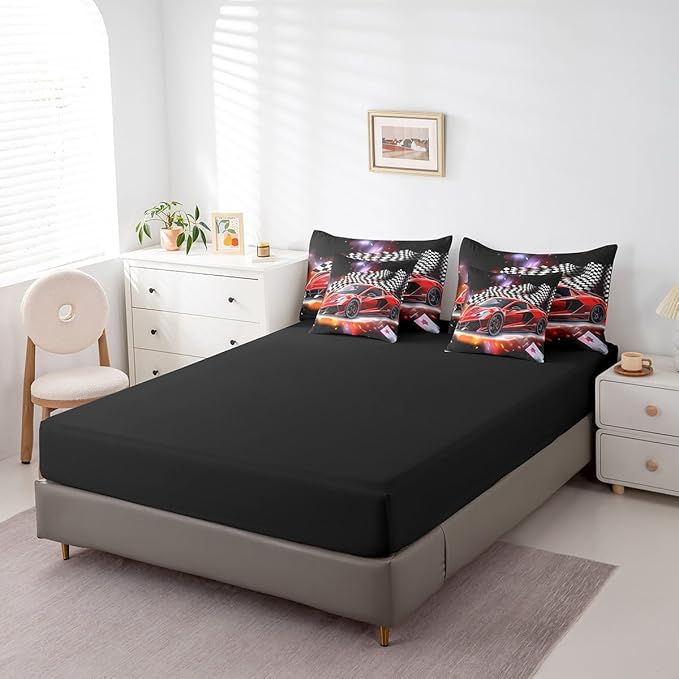 Feelyou Red Racing Car 7 Piece Bedding Set Full Size Extreme Sport Comforter Set with Sheets for Kids Boys Girls Teens Toddler Fast and Furious Bed in a Bag Black White Flag Bed Set