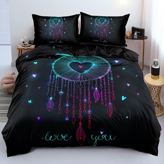 3D Print Bohemian Style Duvet Cover Set Boho Feather Comforter Covers and Pillow Shams Black Color Bedding Sets Full Size Kid Bedroom Decoration
