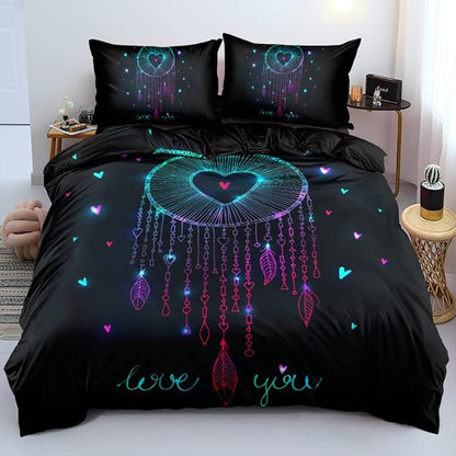 3D Print Bohemian Style Duvet Cover Set Boho Feather Comforter Covers and Pillow Shams Black Color Bedding Sets Full Size Kid Bedroom Decoration