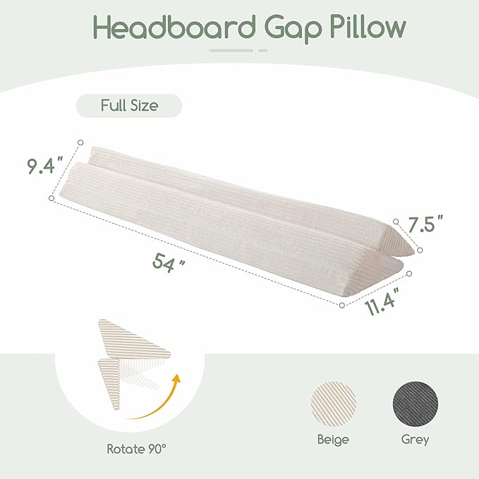 HIGOGOGO Full Size Wedge Pillow for Headboard Gap - Multi Functional Mattress Wedge Bed Gap Filler Close The Gap (0-7") Between Your Mattress and Headboard or Wall (Beige 54"x11"x9")