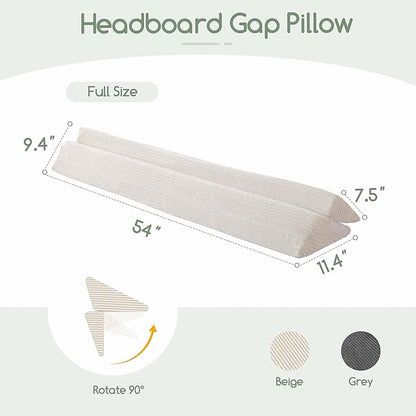 HIGOGOGO Full Size Wedge Pillow for Headboard Gap - Multi Functional Mattress Wedge Bed Gap Filler Close The Gap (0-7") Between Your Mattress and Headboard or Wall (Beige 54"x11"x9")