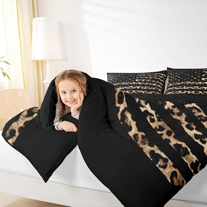 Feelyou American Flag Leopard Kids Comforter Set Full Size Hunting Bedding Set Brown Cheetah Print Duvet Quilt for Kids Boys Girls Bedroom Animal Fur Decor Microfiber Ultra Soft Breathable