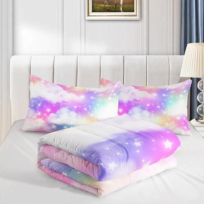 Rainbow Cloud Sky Kids Bedding Set Glitter Golden Stars Comforter 3Pcs Queen Tie Dye Art Quilt Set for Kids Teens Girls Boys Bed Set with 1 Comforter and 2 Pillowcases