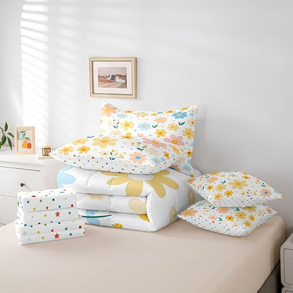 Feelyou Cute Flower 7 Piece Bedding Set Twin Size Kids Cartoon Cute Floral Bed in a Bag for Girls Teens Bright Yellow Comforter Set with Sheets Kawaii Bed Set
