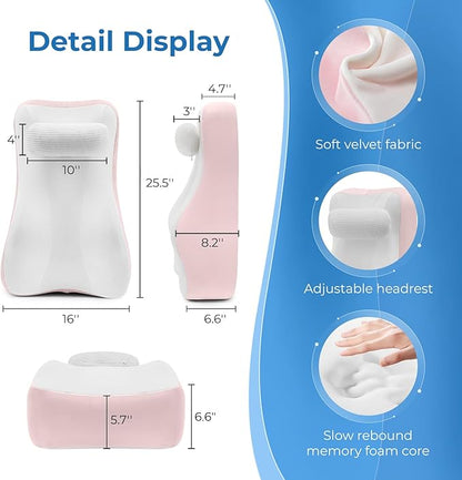 Ergonomic S Curve Reading Pillow for Sitting in Bed Adult- Back Pillow for Bed Sitting up with Adjustable Headrest- Memory Foam, Pink