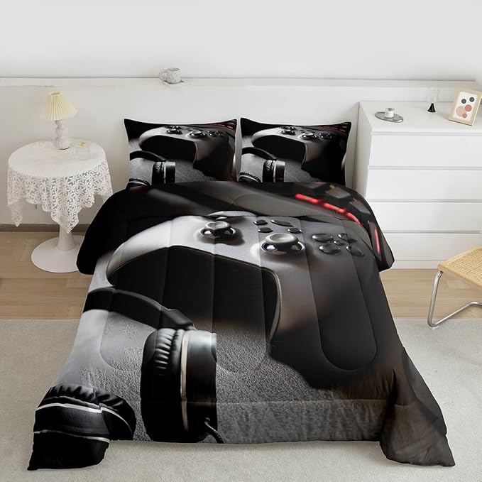 Feelyou Gaming Bedding Set Boys Game Controller Comforter for Kids Girls Teens Modern Gamer Headset Comforter Set Youth Gaming Console Video Game Decor Duvet Set with 1 Pillow Case Toddler Size Black