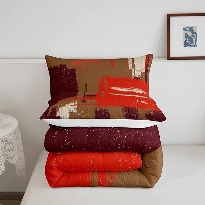 Feelyou Abstract Bedding Set Comforter Set for Kids Boys Girls Teens Room Decor Modern Abstract Art Comforter Brown Orange Duvet Set 3Pcs Queen Size