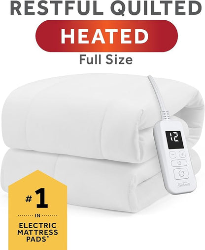 Sunbeam Electric Restful Quilted Heated Mattress Pad Full 75" x 54" 12 Heat Settings 12-Hour Auto Shut-Off Extra-Cozy Fabric Deep Pocket Fit Machine Washable