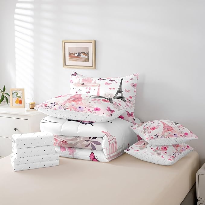 Feelyou Eiffel Tower Comforter Set with Sheets King Size Paris 7 Piece Bedding Set for Adult Boys Girls Teens Pink Flower and Butterfly Bed in a Bag Romantic Art Bed Set