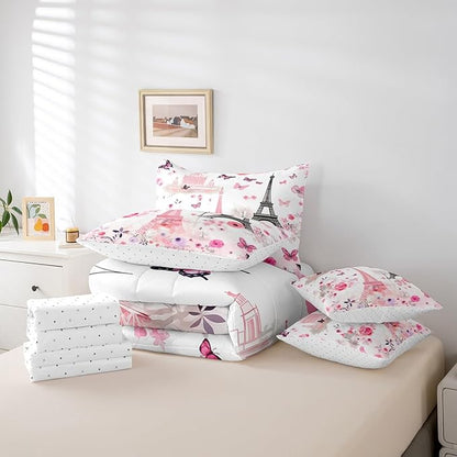 Feelyou Eiffel Tower Comforter Set with Sheets King Size Paris 7 Piece Bedding Set for Adult Boys Girls Teens Pink Flower and Butterfly Bed in a Bag Romantic Art Bed Set