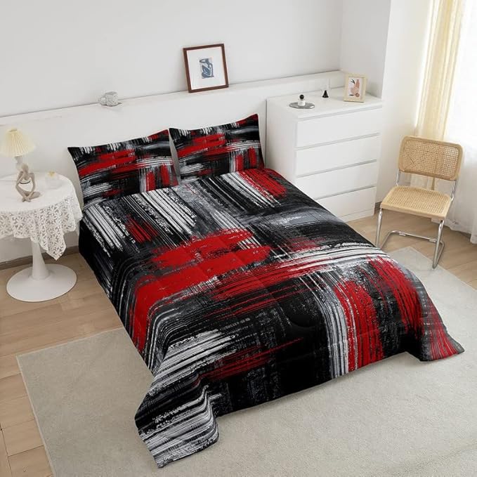 Feelyou Red Black and Grey Comforter Geometric Artistic Smear Comforter Set Abstract Graffiti Art Bedding Set Contemporary Modern Brush Design Duvet Set Room Decor Quilt Set Queen Size