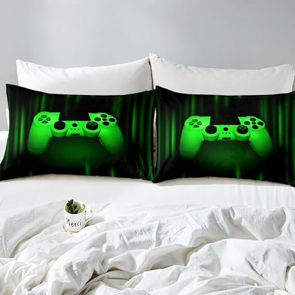 Feelyou Boys Gamer Comforter Set Twin Size Bedding Set for Kids Gaming Comforter Green Black Video Games Gamepad Room Decor for Teens Child Super Soft Geometric Duvet Quilted Son Grandson Gift