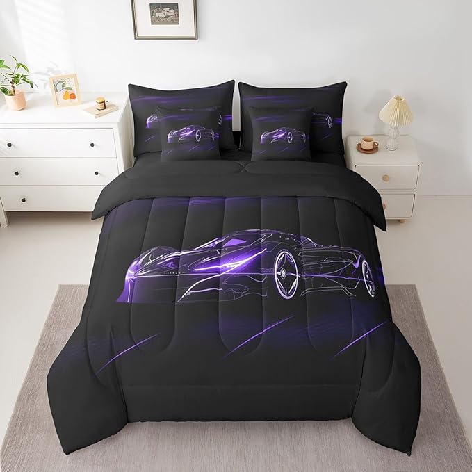 Feelyou Dull Purple Race Car 7 Piece Bedding Set Twin Size for Kids Boys Extreme Sport Games Comforter Set with Sheets Teens Toddler Fast and Furious Bed in a Bag Cool Modern Bed Set