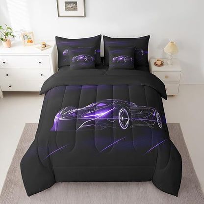 Feelyou Dull Purple Race Car 7 Piece Bedding Set King Size for Kids Boys Extreme Sport Games Comforter Set with Sheets Teens Toddler Fast and Furious Bed in a Bag Cool Modern Bed Set