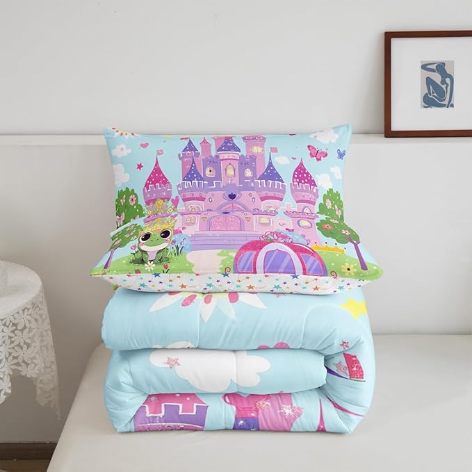 jejeloiu Cartoon Castle Bedding Set Twin Size Girls Pink Green Comforter Set for Kids Teens Princess Style Duvet Set Pumpkin Carriage Quilt Set 2Pcs