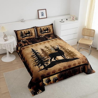 Feelyou Cute Deer Comforter Set for Girls Boys Kids Deer Hunting Bedding Set Room Decorative Rustic Bear Paw Print Bedding Canbin Brown Duvet Full Size 3Pcs