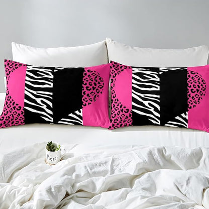 Castle Fairy Girls Leopard Zebra Duvet Cover Queen Size Pink Wild Animals Fur Bedding Sets 3pcs for Kids Women Youth Room Decor Romantic Heart Abstract Comforter Cover Patchwork Quilt Cover
