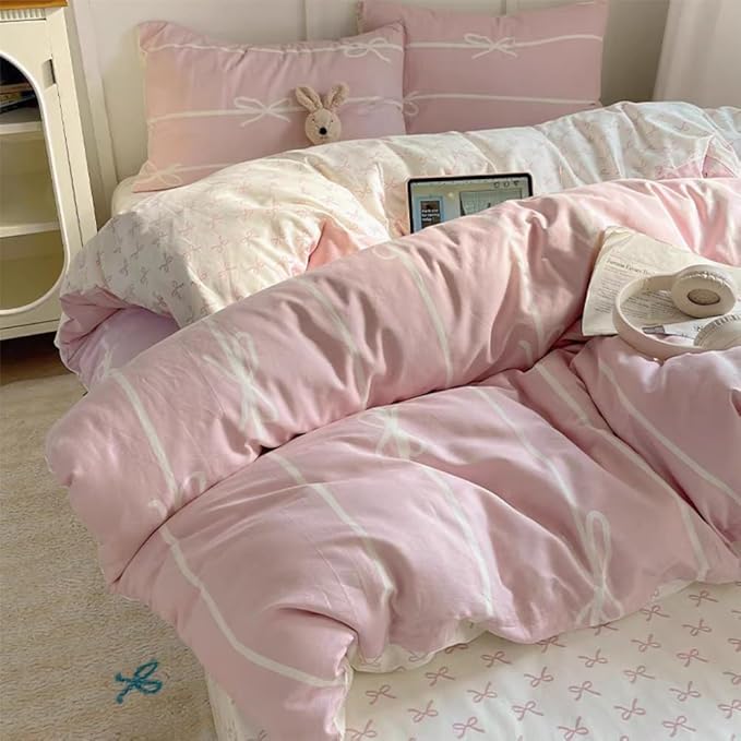 Striped Duvet Cover Queen Size Pink White Bow Stripes Bedding Set 3Pcs Kids Boys Girls Princess Style Kawaii Bowknot Comforter Cover with Zipper Closure & Corner Ties