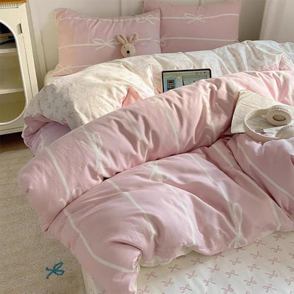 Striped Duvet Cover Queen Size Pink White Bow Stripes Bedding Set 3Pcs Kids Boys Girls Princess Style Kawaii Bowknot Comforter Cover with Zipper Closure & Corner Ties