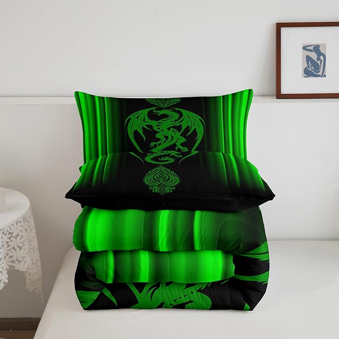 Feelyou Green Dragon Comforter Set Gradient Ombre Green Teens Women Bedding Set for Kids Boys Girls Vintage Boho Paisley Decor Comforter Exotic Trippy Quilt Set 3Pcs Queen Size