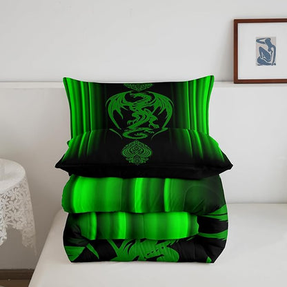 Feelyou Green Dragon Comforter Set Gradient Ombre Green Teens Women Bedding Set for Kids Boys Girls Vintage Boho Paisley Decor Comforter Exotic Trippy Quilt Set 3Pcs Queen Size