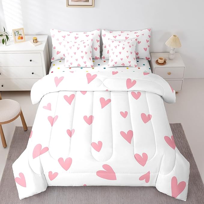 Feelyou Girls Cute Love Heart Comforter Set with Sheets 7 Piece Full Size Kids Lovely Warm Sweet Bed in a Bag Love Heart Pattern Bedding Set Breathable Valentine's Day Pink Bed Set Room Decor