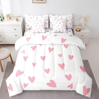 Feelyou Girls Cute Love Heart Comforter Set with Sheets 7 Piece Full Size Kids Lovely Warm Sweet Bed in a Bag Love Heart Pattern Bedding Set Breathable Valentine's Day Pink Bed Set Room Decor
