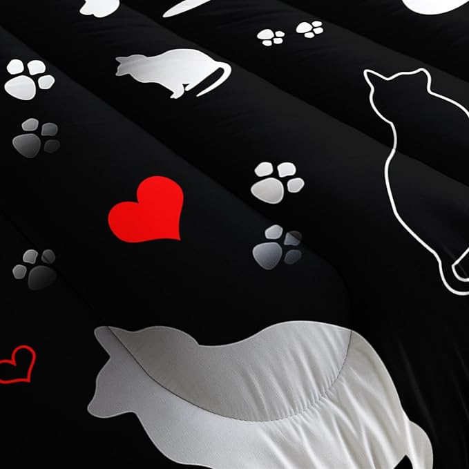 Kawaii Cat Animal Themed Comforter Set 3Pcs Twin Black White Pet Cat Bedding Set for Kid Teen Girl Boy Adult Room Decor Cartoon Cat Paw Heart Pattern Quilt with 1 Comforter and 2 Pillowcases
