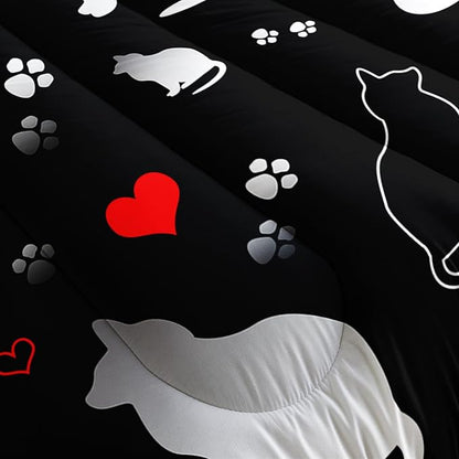 Kawaii Cat Animal Themed Comforter Set 3Pcs Twin Black White Pet Cat Bedding Set for Kid Teen Girl Boy Adult Room Decor Cartoon Cat Paw Heart Pattern Quilt with 1 Comforter and 2 Pillowcases