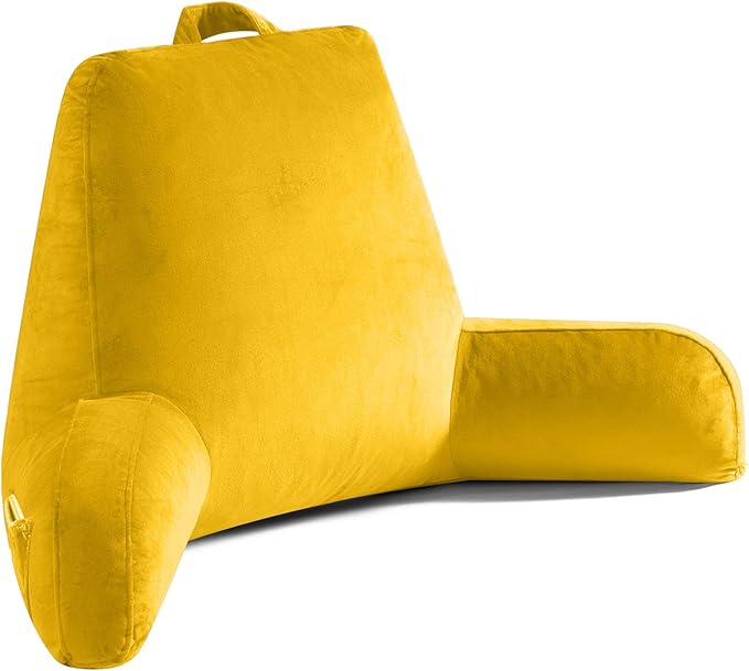 Reading Pillow for Sitting in Bed Adult, X-Large Reading Pillow with Shredded Memory Foam, Back Pillow for Sitting Up with Extend Arms, Pockets, Bed Pillow with Washable Cover, Yellow