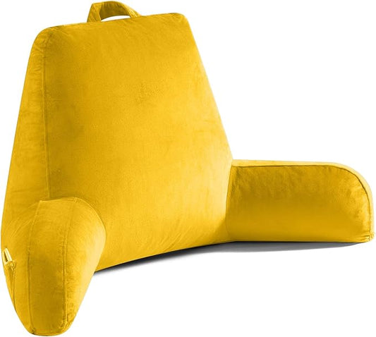 Reading Pillow for Sitting in Bed Adult, X-Large Reading Pillow with Shredded Memory Foam, Back Pillow for Sitting Up with Extend Arms, Pockets, Bed Pillow with Washable Cover, Yellow